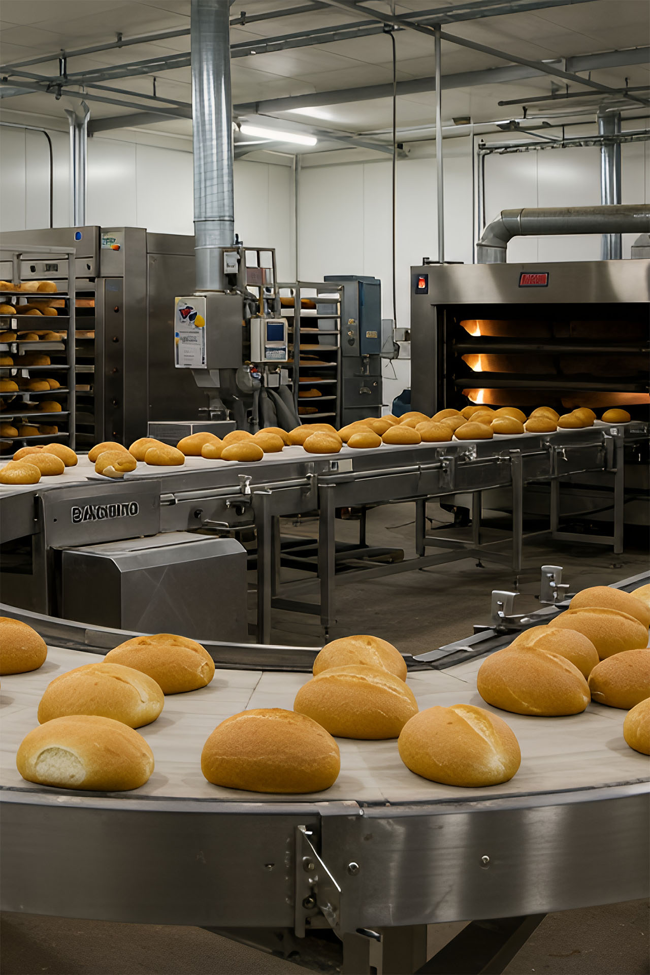 Brötchen auf Förderband vor Ofen in einer industriellen Backanlage.