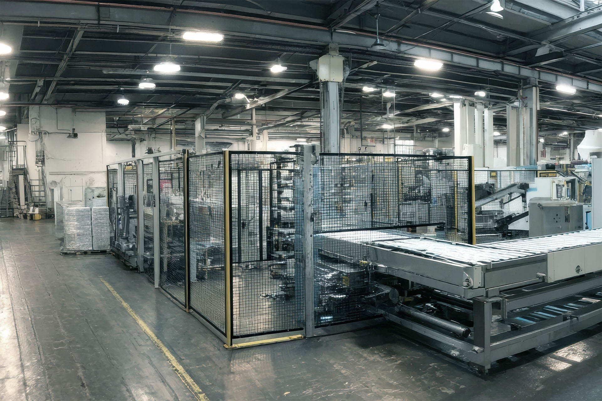 Modernisierte Produktionslinie mit automatisierter Anlage und Fördertechnik in der Produktionshalle