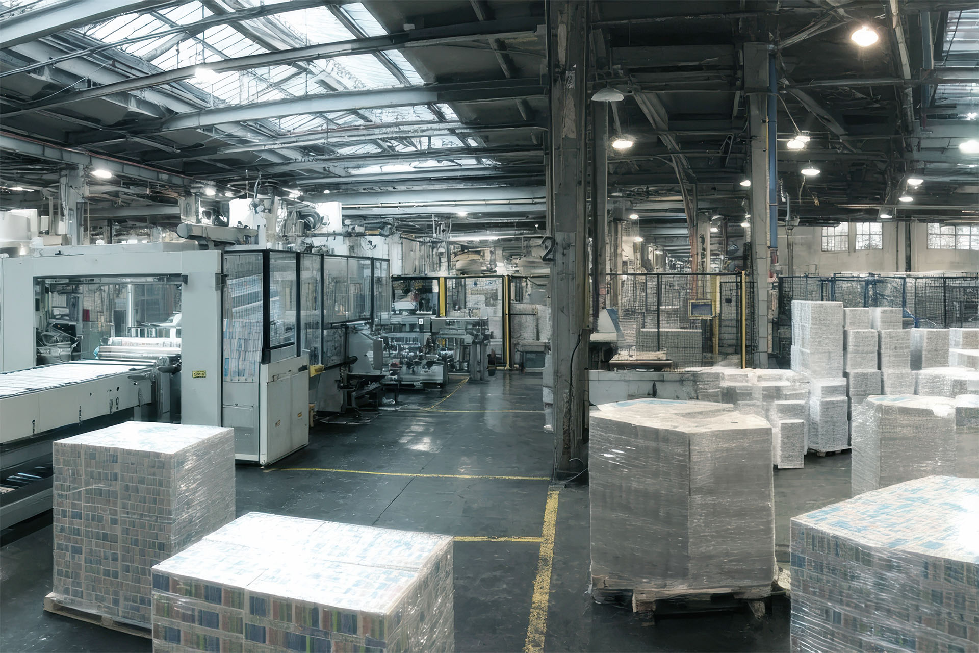 Produktionshalle mit automatisierter Anlage und palettierten Produkten im laufenden Betrieb