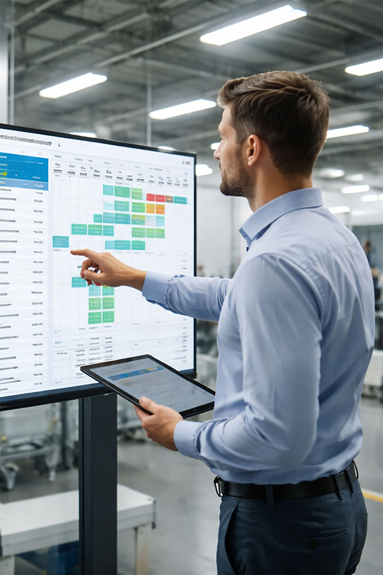 Mitarbeiter analysiert Produktionsplanung auf großem Display mit Tablet.