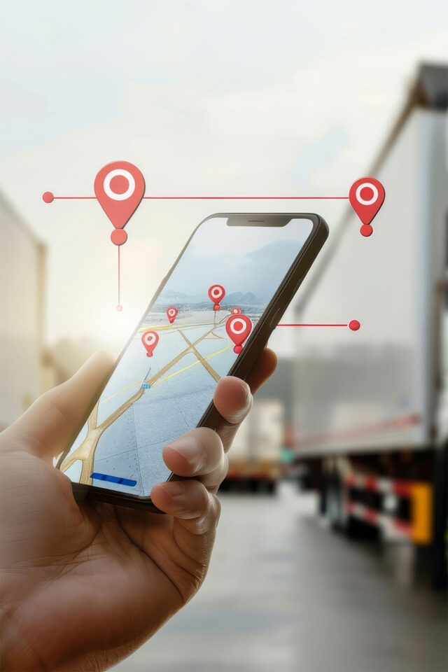 Eine Hand hält ein Smartphone mit Kartenansicht und Positionsmarkern zur Verfolgung von Transporten im Logistikumfeld.