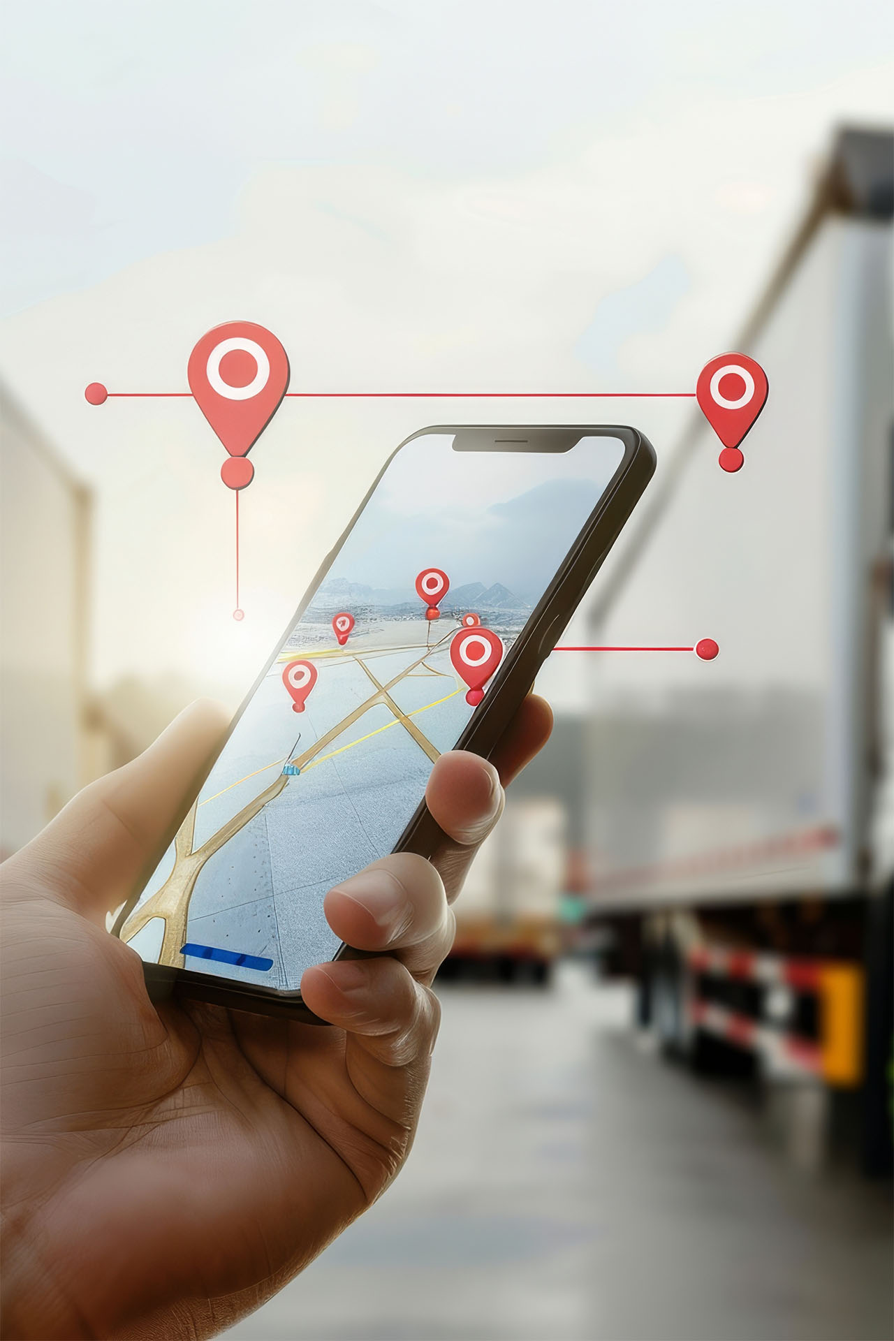 Eine Hand hält ein Smartphone mit Kartenansicht und Positionsmarkern zur Verfolgung von Transporten im Logistikumfeld.