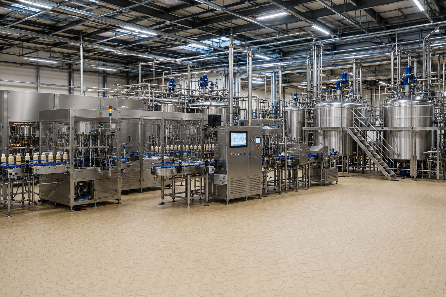 Produktionslinie mit Edelstahltanks, Rohrsystemen und Abfüllanlage in einer Fertigungshalle.